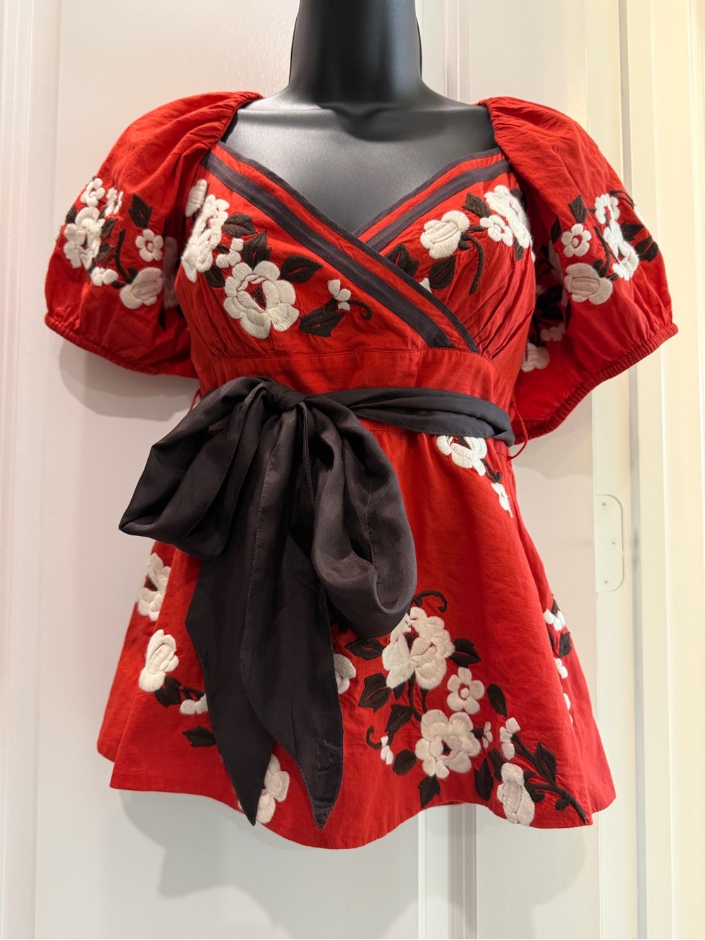 Red Floral Embroidered V-Neck Peplum Top with Sash